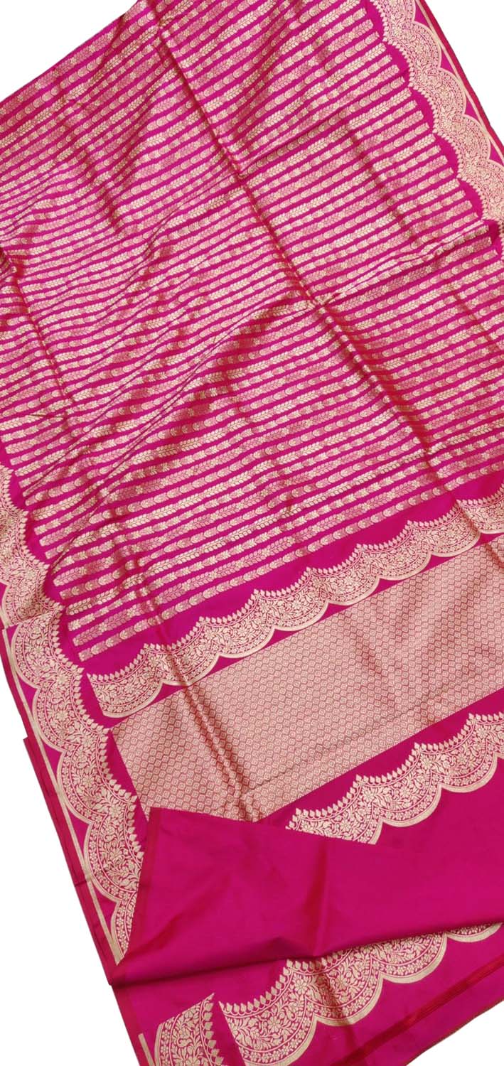 Elegant Pink Pure Katan Silk Banarasi Handloom Stripe Design Saree - Luxurion World