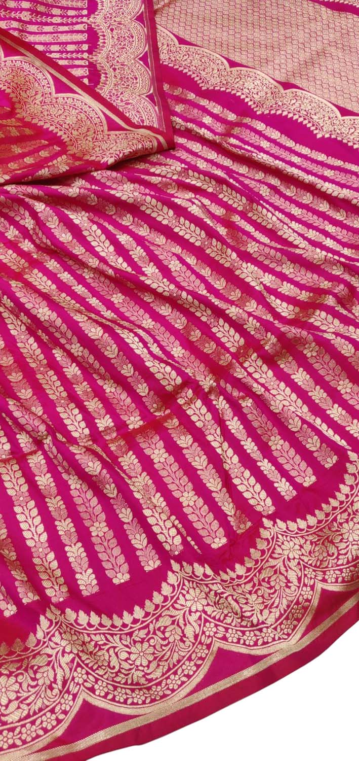 Elegant Pink Pure Katan Silk Banarasi Handloom Stripe Design Saree - Luxurion World