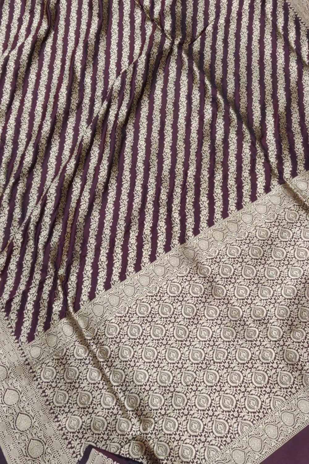 Elegant Brown Pure Katan Silk Banarasi Handloom Stripe Design Saree - Luxurion World