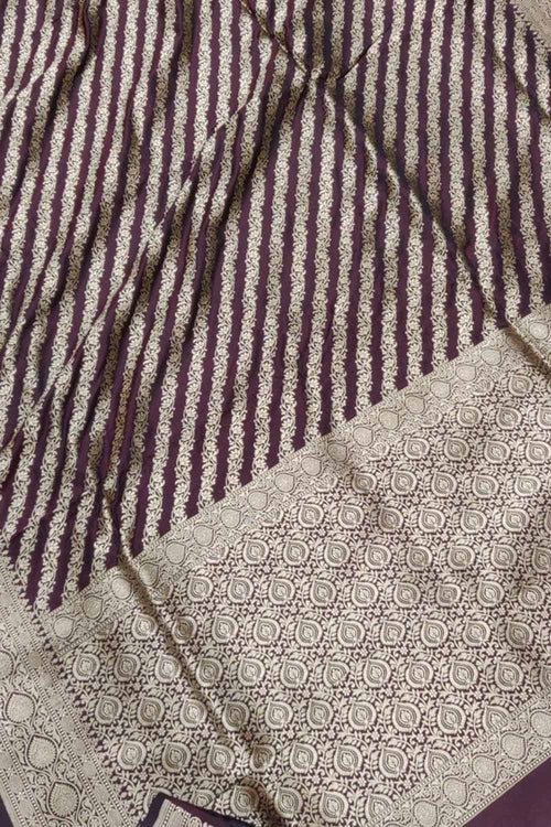 Elegant Brown Pure Katan Silk Banarasi Handloom Stripe Design Saree - Luxurion World