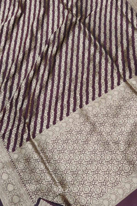 Elegant Brown Pure Katan Silk Banarasi Handloom Stripe Design Saree