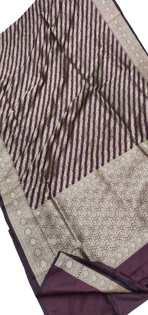 Elegant Brown Pure Katan Silk Banarasi Handloom Stripe Design Saree - Luxurion World