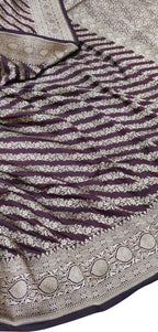 Elegant Brown Pure Katan Silk Banarasi Handloom Stripe Design Saree - Luxurion World