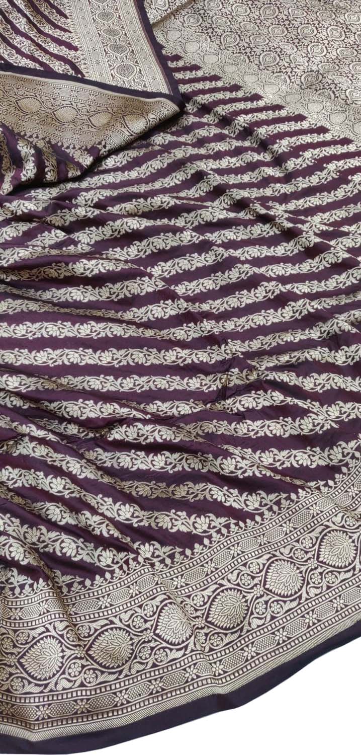 Elegant Brown Pure Katan Silk Banarasi Handloom Stripe Design Saree - Luxurion World