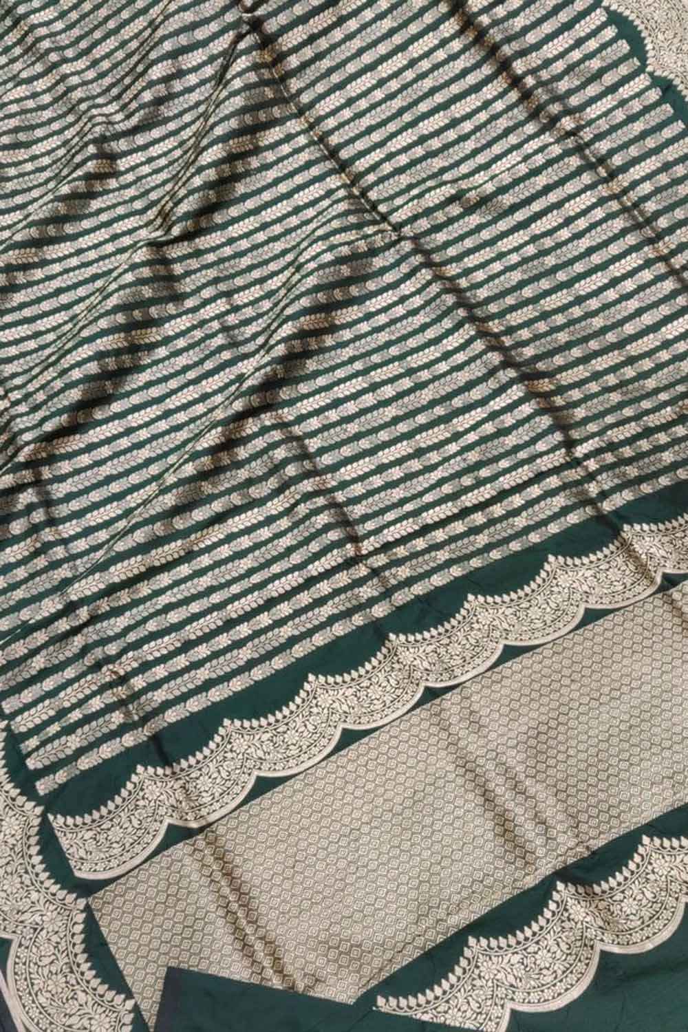 Green Pure Katan Silk Banarasi Handloom Stripe Design Saree - Luxurion World