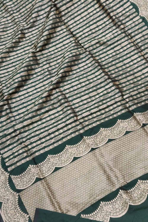 Green Pure Katan Silk Banarasi Handloom Stripe Design Saree - Luxurion World