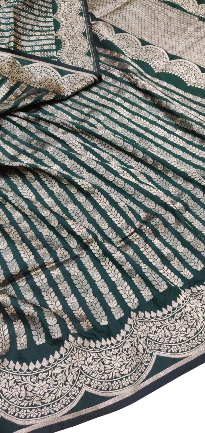 Green Pure Katan Silk Banarasi Handloom Stripe Design Saree - Luxurion World