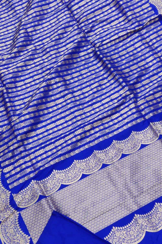 Elegant Blue Pure Katan Silk Banarasi Handloom Stripe Design Saree