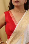 Red Silk Banarasi Border Non Padded Blouse - Luxurion World