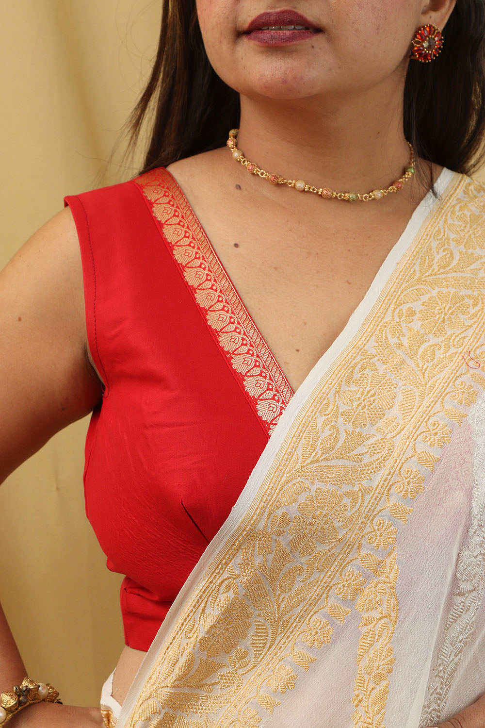 Red Silk Banarasi Border Non Padded Blouse - Luxurion World