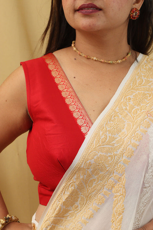 Red Silk Banarasi Border Non Padded Blouse - Luxurion World
