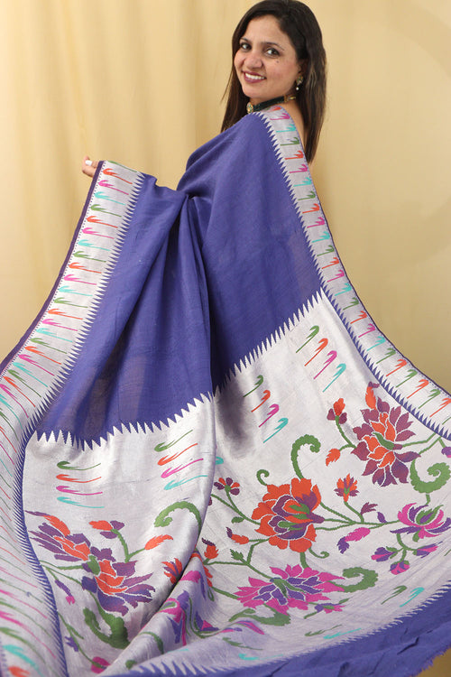 Exquisite Blue Handloom Banarasi Paithani Tussar Saree - Luxurion World