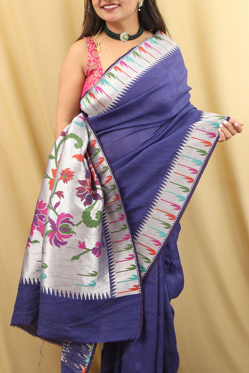 Exquisite Blue Handloom Banarasi Paithani Tussar Saree - Luxurion World