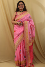 Handloom Banarasi Georgette Saree with Pink Hand Paint - Luxurion World