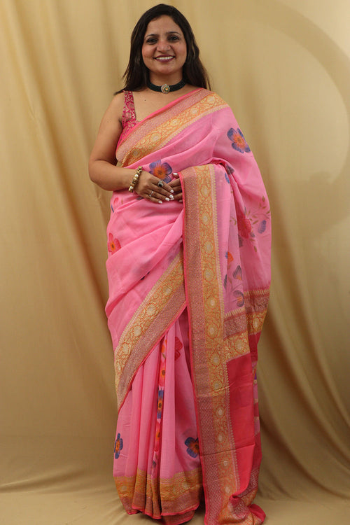 Handloom Banarasi Georgette Saree with Pink Hand Paint - Luxurion World