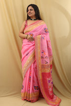 Handloom Banarasi Georgette Saree with Pink Hand Paint - Luxurion World