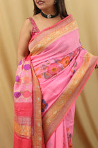 Handloom Banarasi Georgette Saree with Pink Hand Paint - Luxurion World