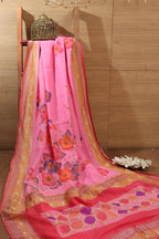 Handloom Banarasi Georgette Saree with Pink Hand Paint - Luxurion World