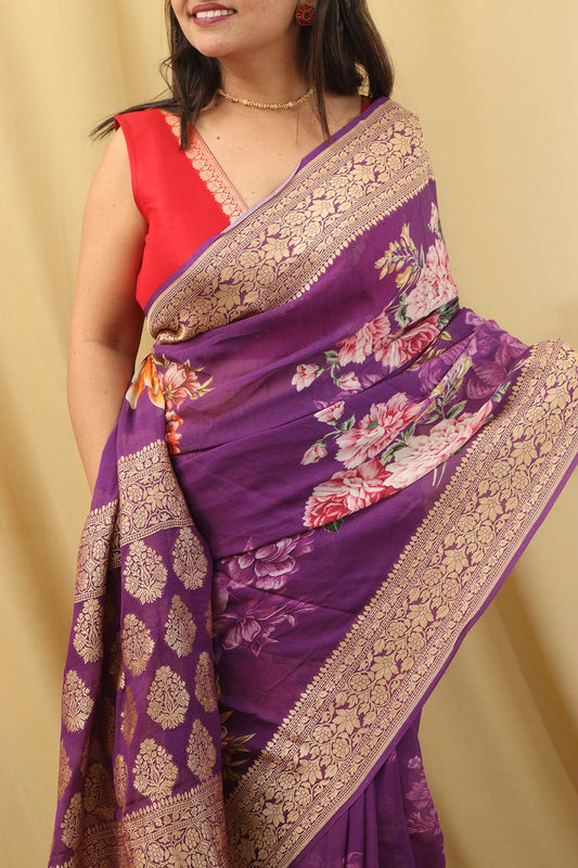Stunning Purple Georgette Saree with Digital Print - Luxurion World