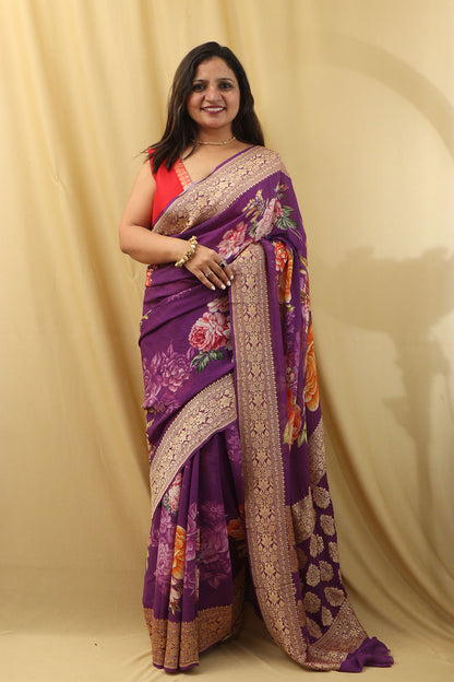 Stunning Purple Georgette Saree with Digital Print - Luxurion World