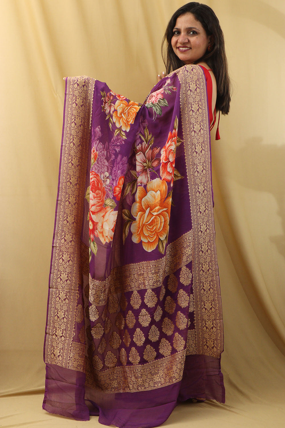 Stunning Purple Georgette Saree with Digital Print - Luxurion World