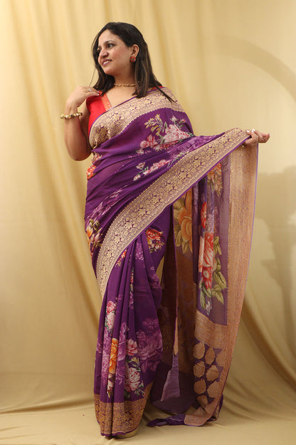 Stunning Purple Georgette Saree with Digital Print - Luxurion World