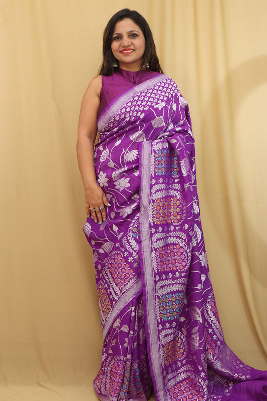 Exquisite Purple Banarasi Tussar Georgette Saree - Luxurion World