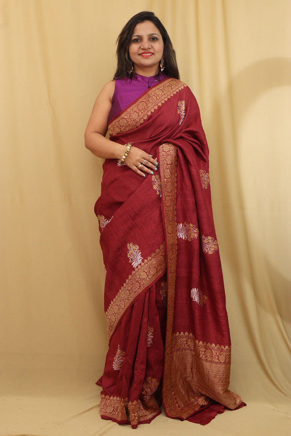 Exquisite Maroon Banarasi Tussar Georgette Saree - Luxurion World