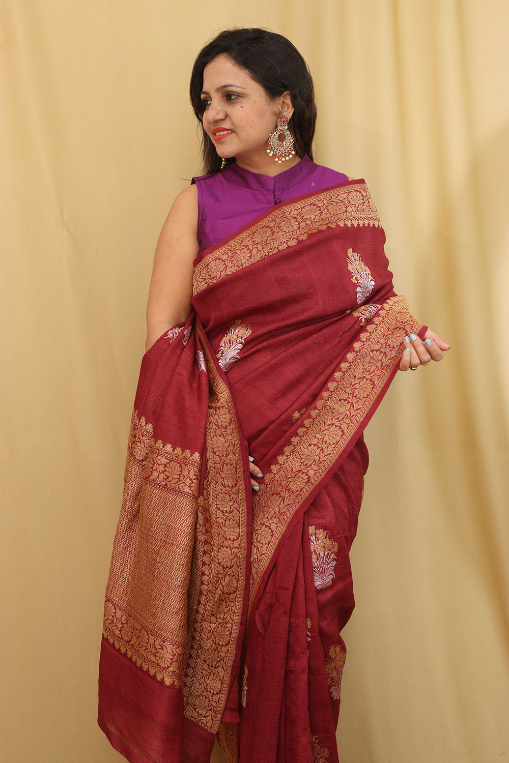 Exquisite Maroon Banarasi Tussar Georgette Saree - Luxurion World