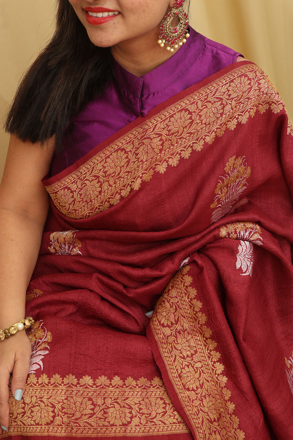 Exquisite Maroon Banarasi Tussar Georgette Saree - Luxurion World