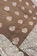 Brown Banarasi Handloom Pure Tussar Georgette Saree - Luxurion World