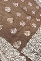 Brown Banarasi Handloom Pure Tussar Georgette Saree - Luxurion World