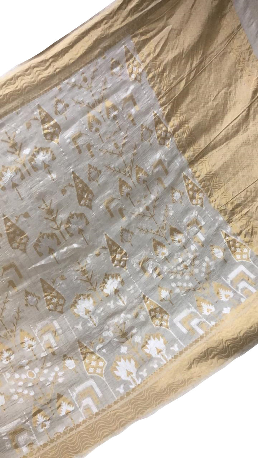 Off White Banarasi Handloom Pure Tussar Georgette Saree - Luxurion World
