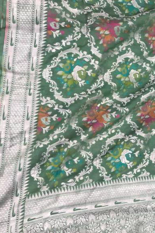 Green Banarasi Handloom Pure Tussar Georgette Saree - Luxurion World