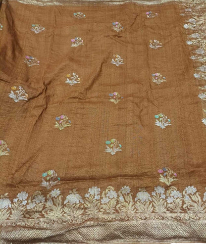 Brown Banarasi Handloom Pure Tussar Georgette Saree - Luxurion World