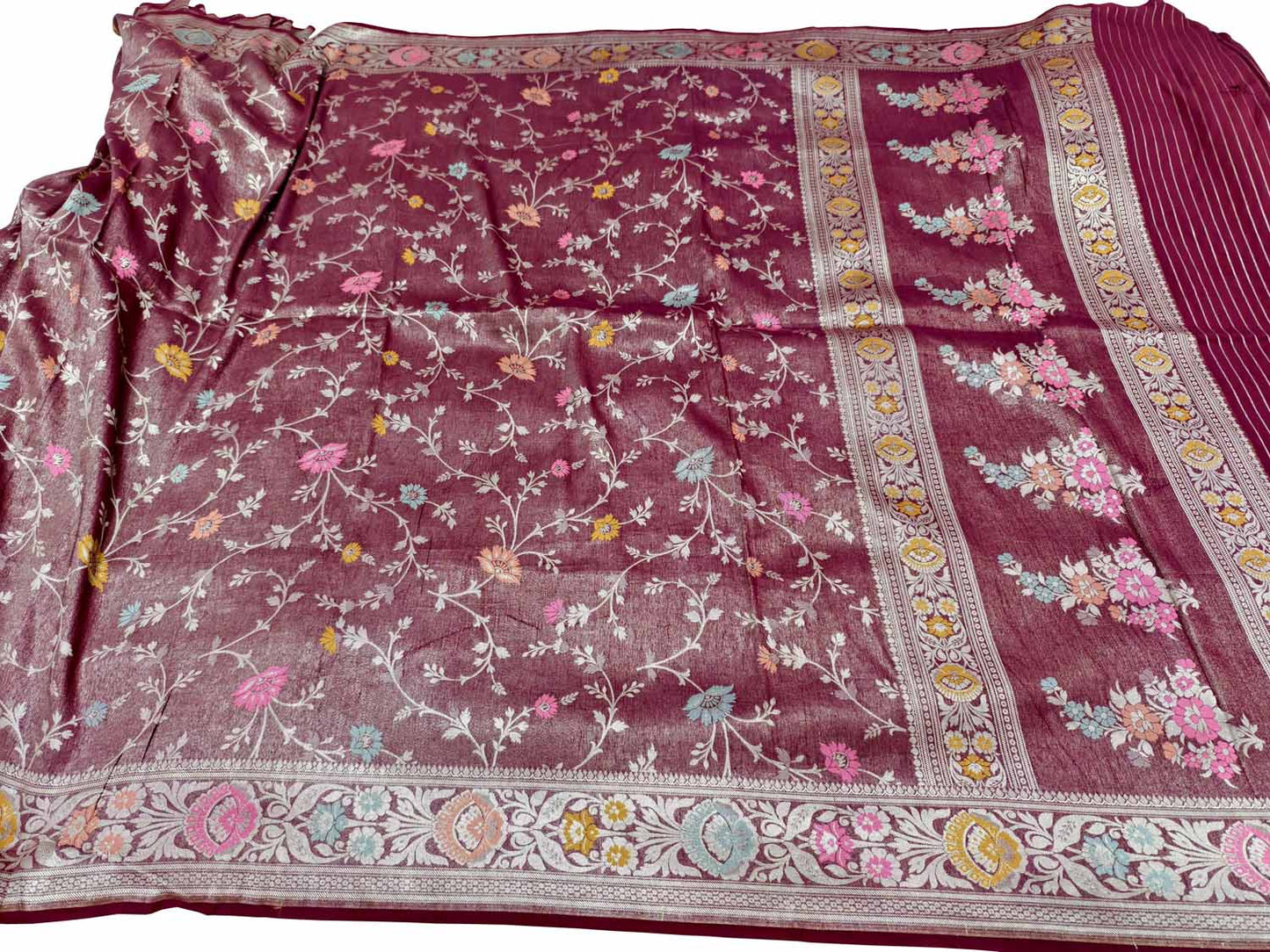 Elegant Maroon Handloom Banarasi Pure Chiniya Silk Tissue Saree - Luxurion World