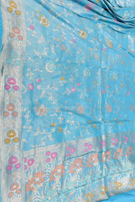 Elegant Blue Handloom Banarasi Pure Chiniya Silk Tissue Saree - Luxurion World