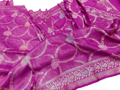Exquisite Pink Handloom Banarasi Pure Chiniya Silk Tissue Saree - Luxurion World