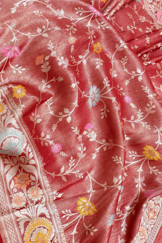 Exquisite Red Handloom Banarasi Pure Chiniya Silk Tissue Saree - Luxurion World