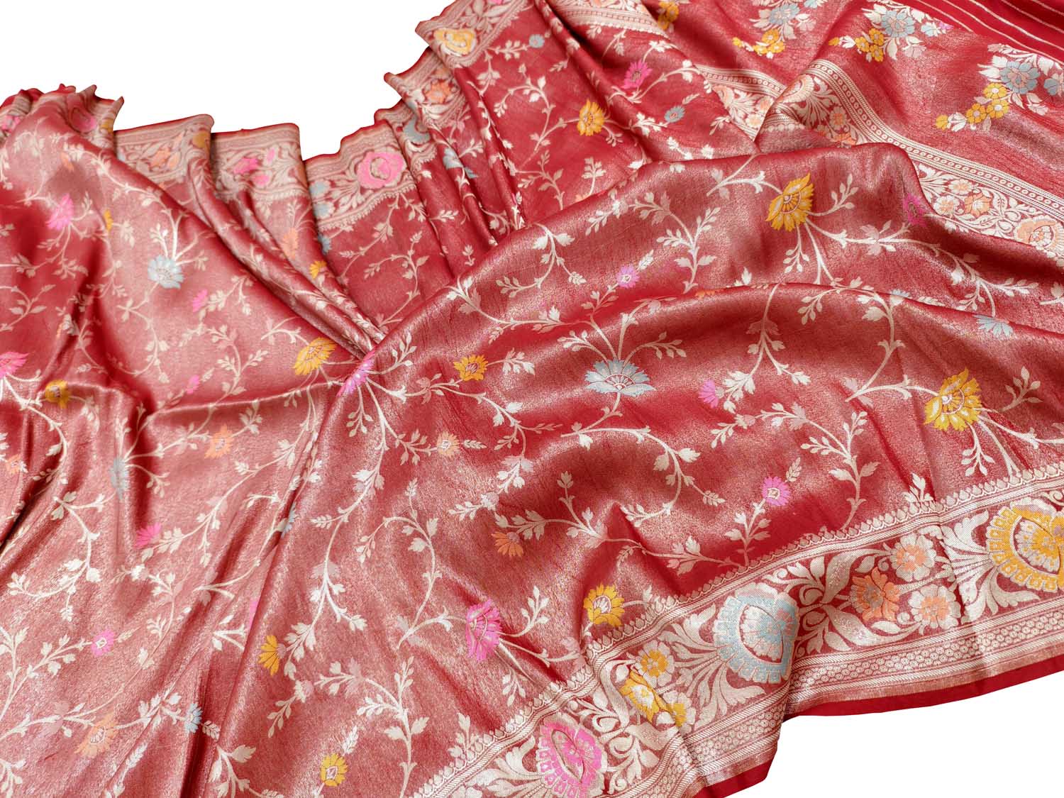 Exquisite Red Handloom Banarasi Pure Chiniya Silk Tissue Saree - Luxurion World