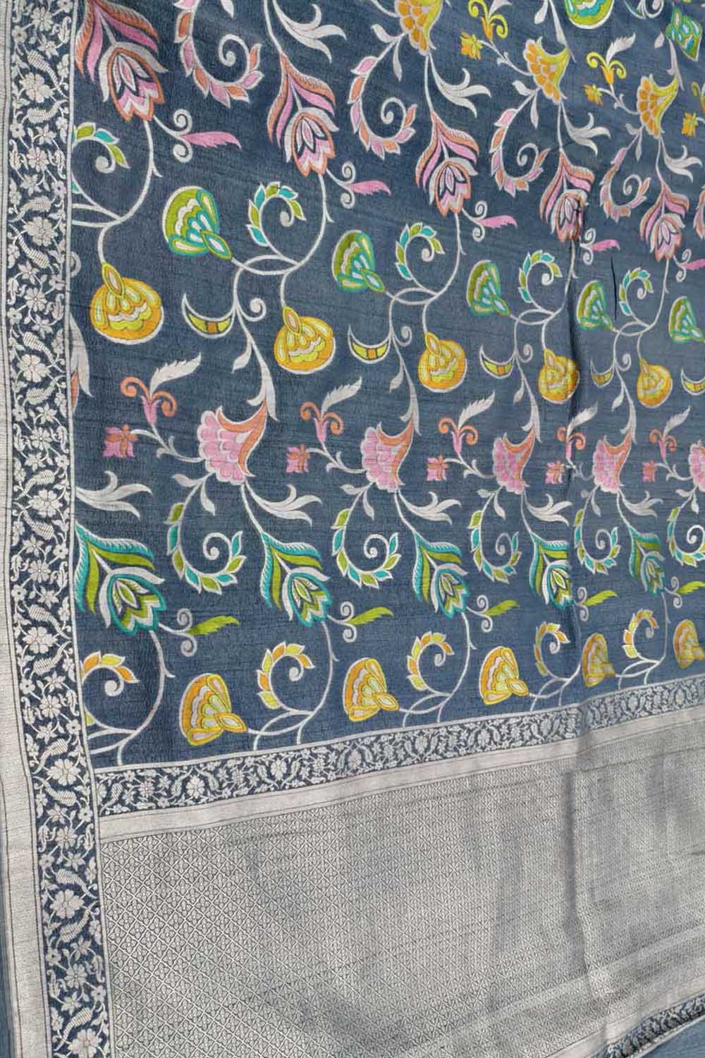 Elegant Grey Handloom Banarasi Pure Tussar Georgette Saree - Luxurion World