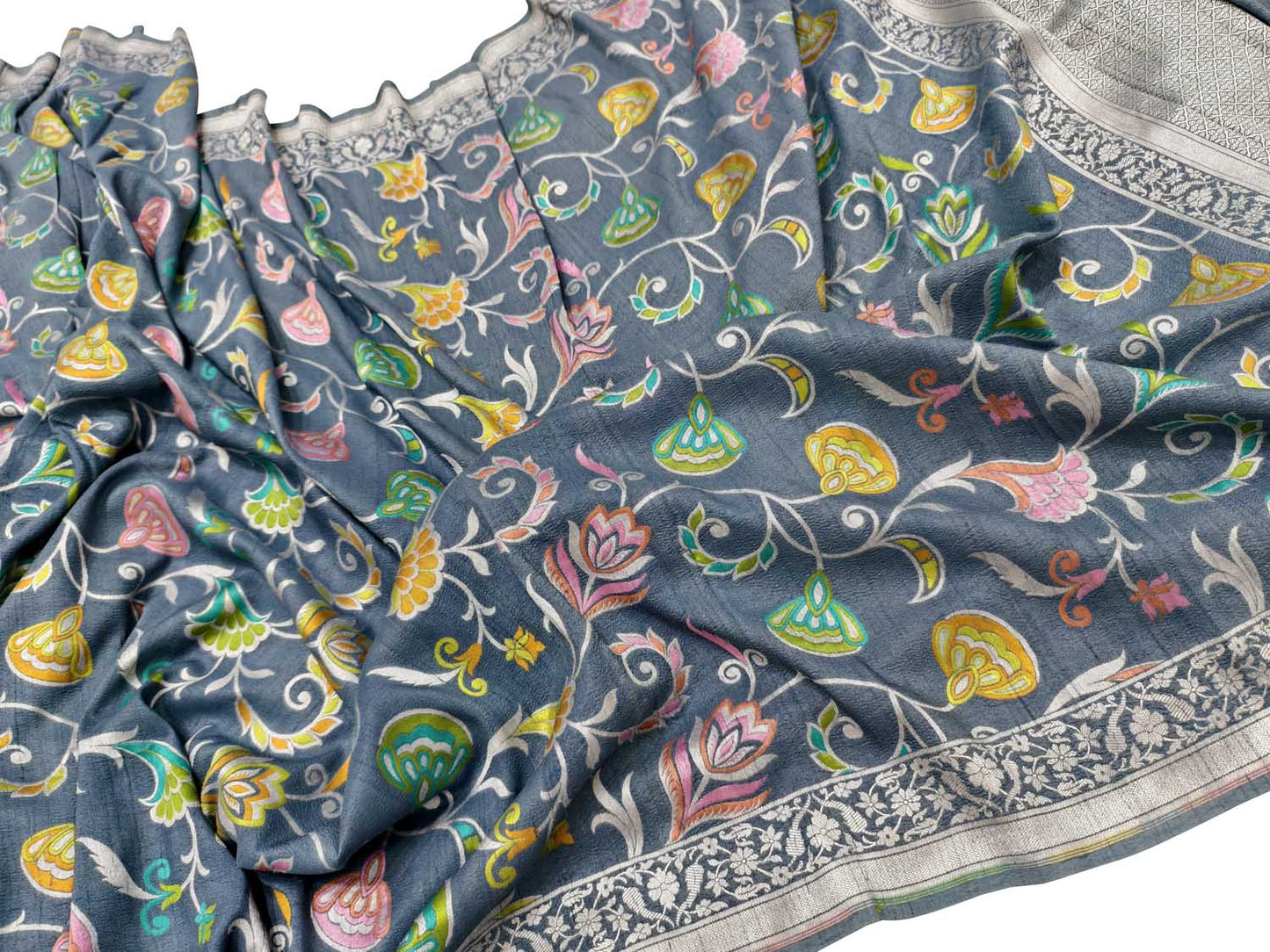 Elegant Grey Handloom Banarasi Pure Tussar Georgette Saree - Luxurion World