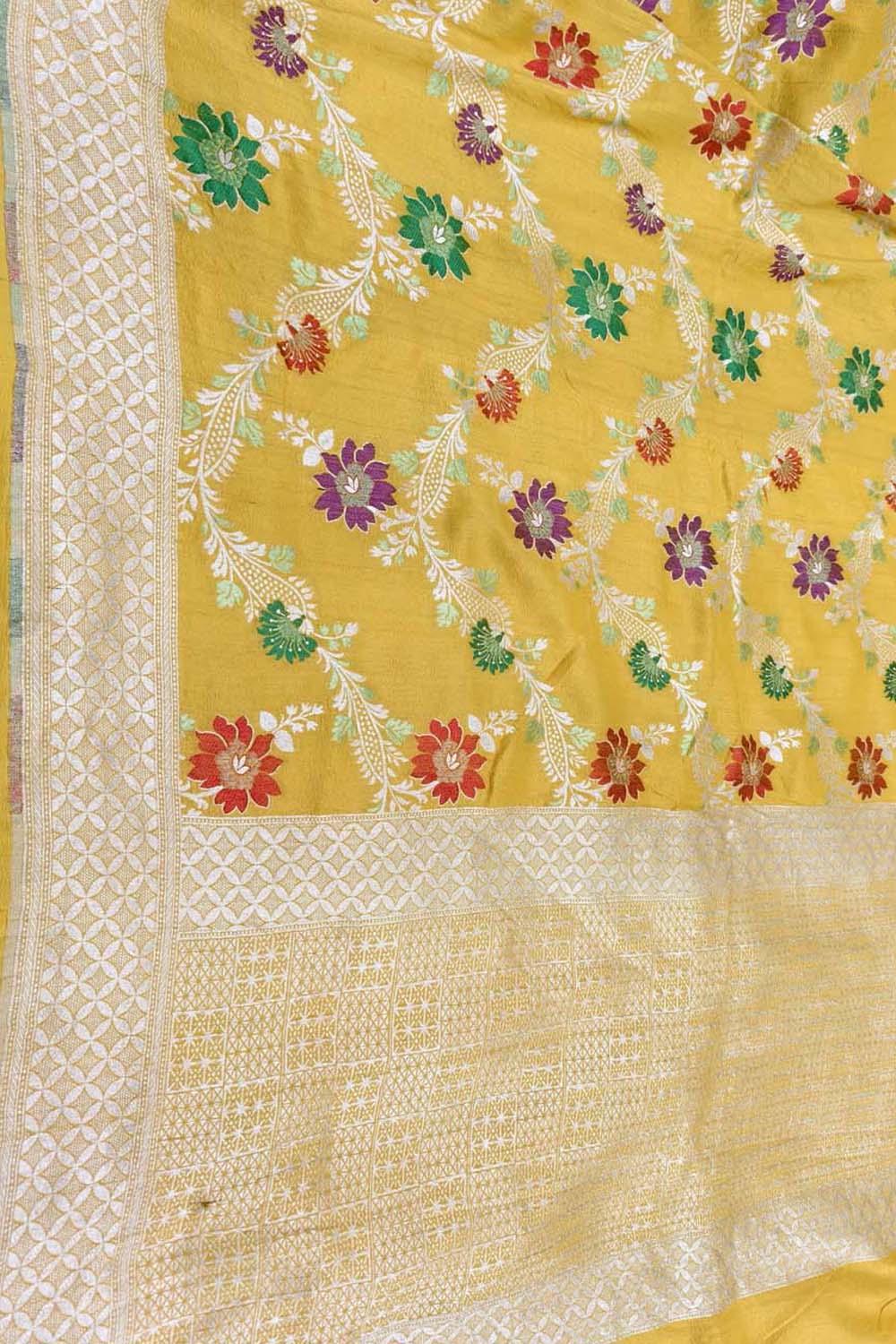 Yellow Handloom Banarasi Pure Tussar Georgette Saree - Luxurion World