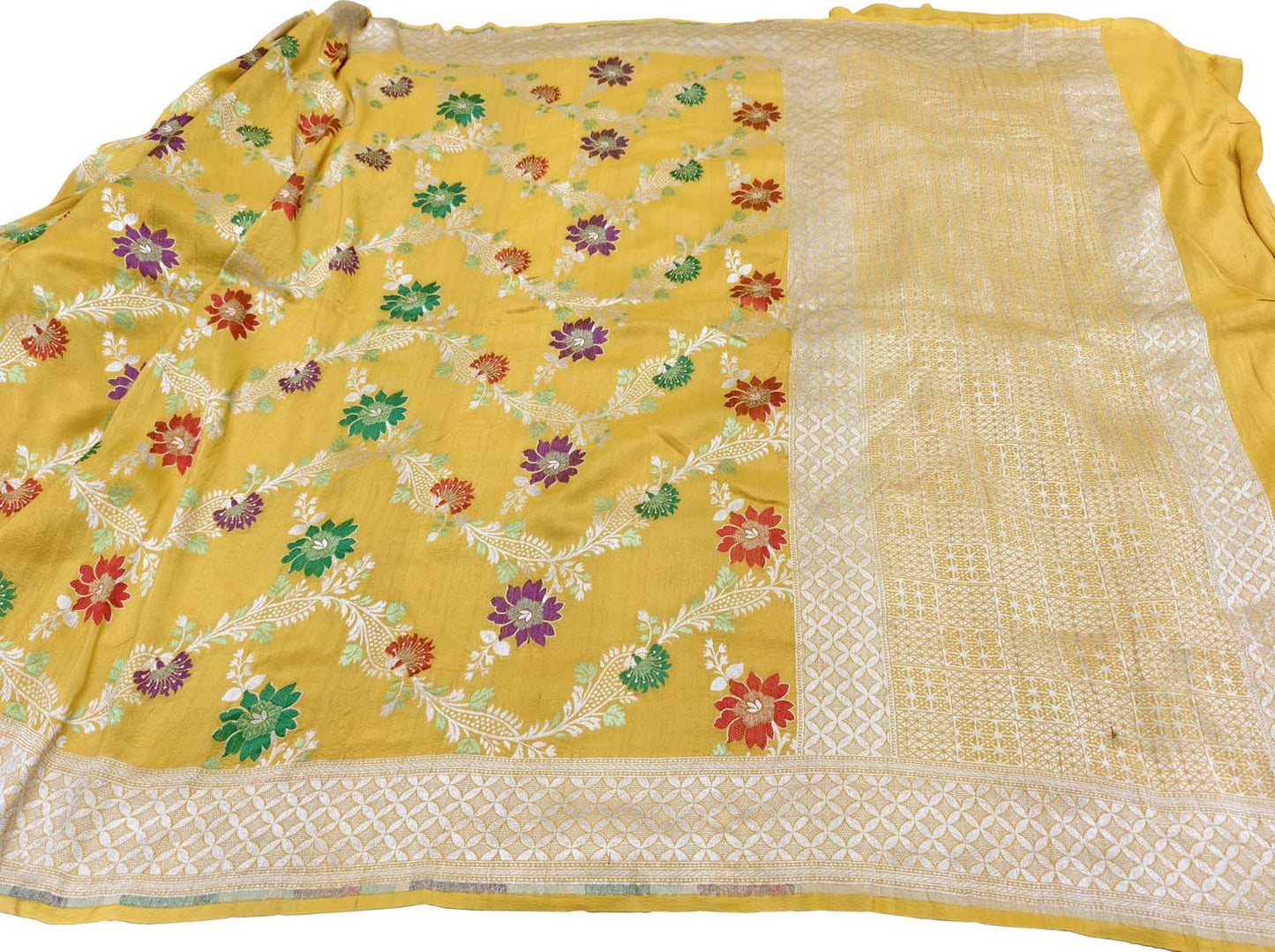 Yellow Handloom Banarasi Pure Tussar Georgette Saree - Luxurion World