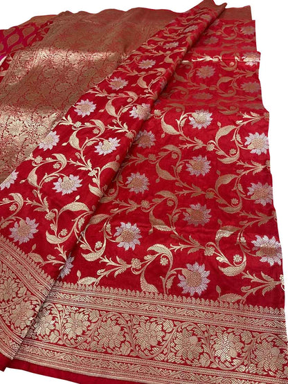 Exquisite Red Banarasi Pure Katan Silk Handloom Saree - Luxurion World