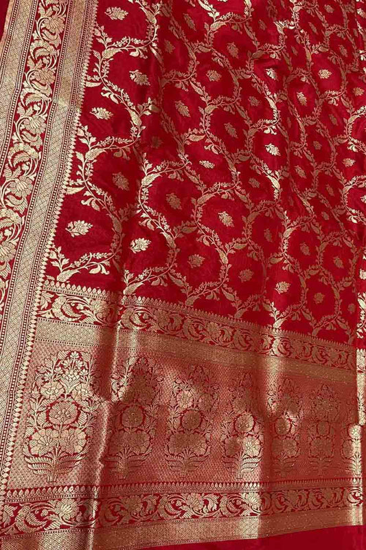 Exquisite Red Banarasi Pure Katan Silk Handloom Saree - Luxurion World