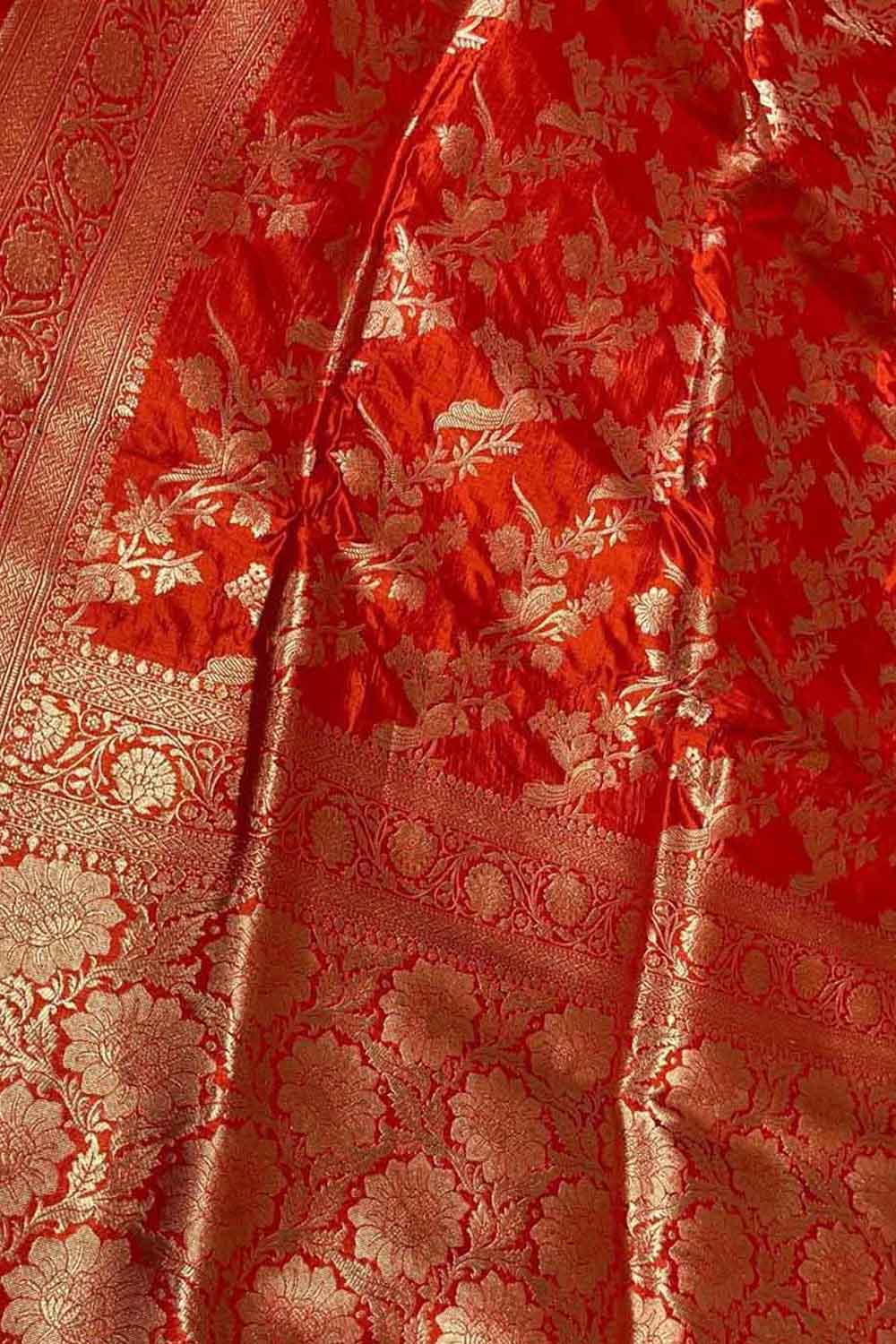 Orange Banarasi Pure Katan Silk Handloom Saree - Luxurion World