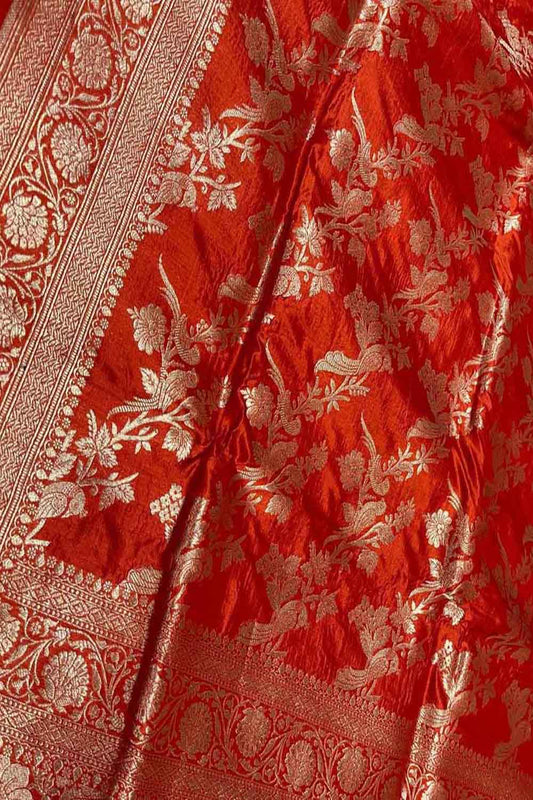 Orange Banarasi Pure Katan Silk Handloom Saree - Luxurion World