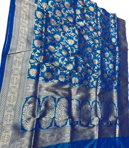 Exquisite Blue Banarasi Silk Saree Handloomed - Luxurion World