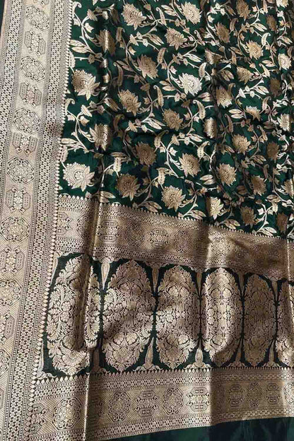 Green Banarasi Silk Handloom Saree - Pure Katan Elegance - Luxurion World